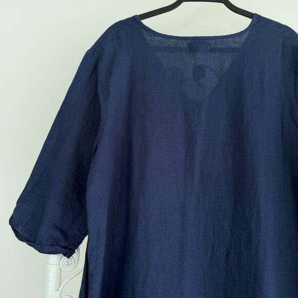 100% Linen Dress Medium Navy Ruffle Lagenlook Coastal Pockets Flowy Minimalist - Picture 8 of 9